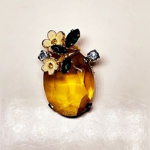 Vintage Czech signed gold citrine faceted stone with floral deco brooch